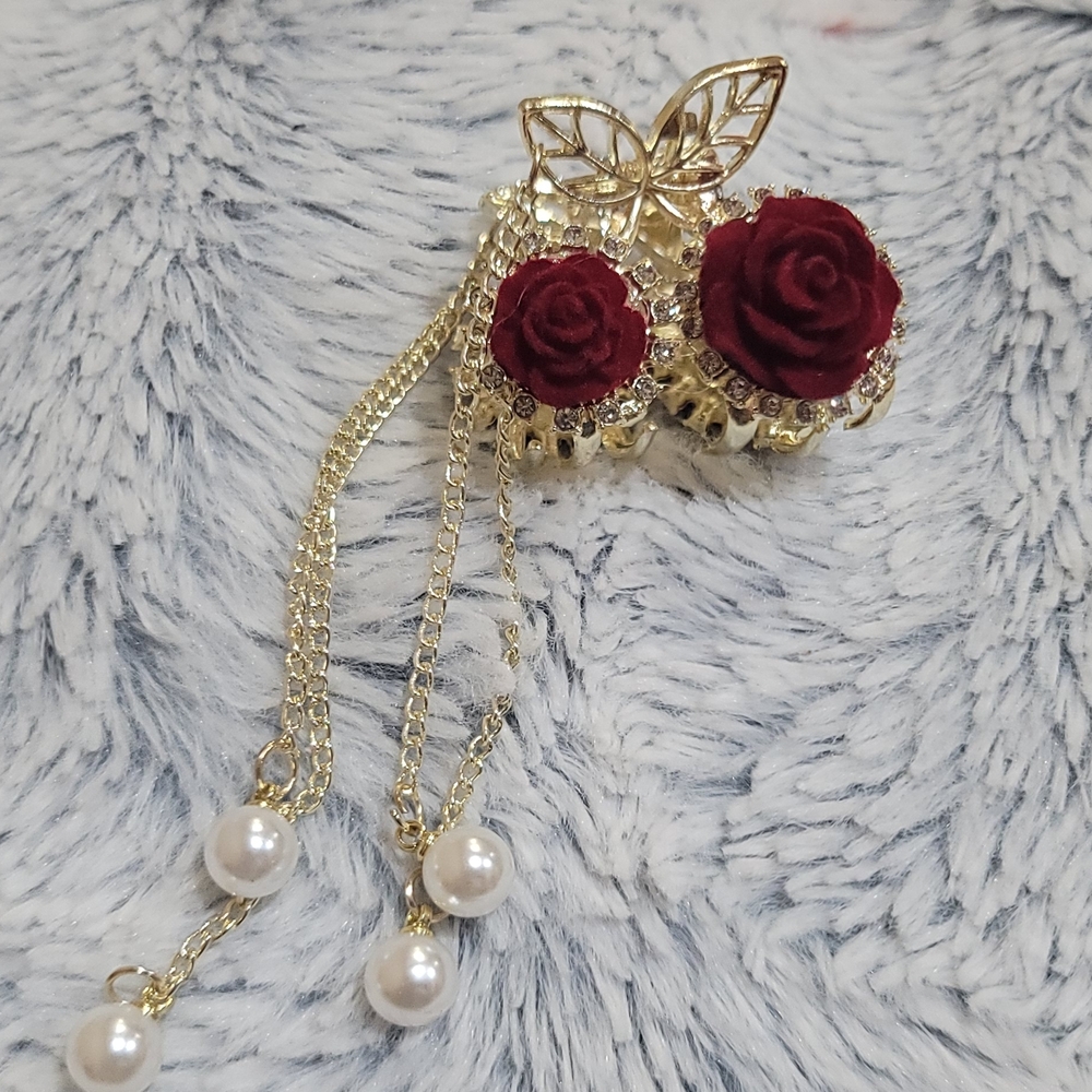 Women's Gold Butterfly Rose Drop Earrings - Red Rose Pearl Dangles